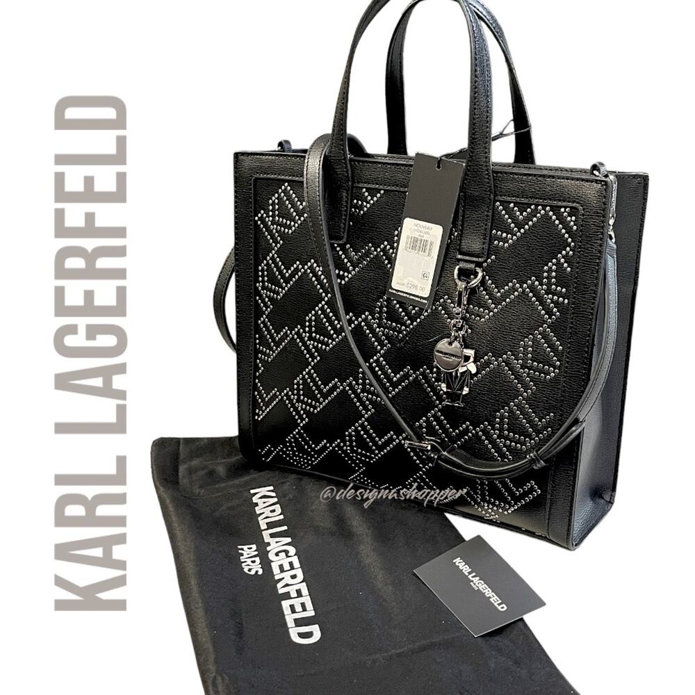 KARL LAGERFELD Large Black Leather Silver Logo NOUVEAU Bag NWT $298